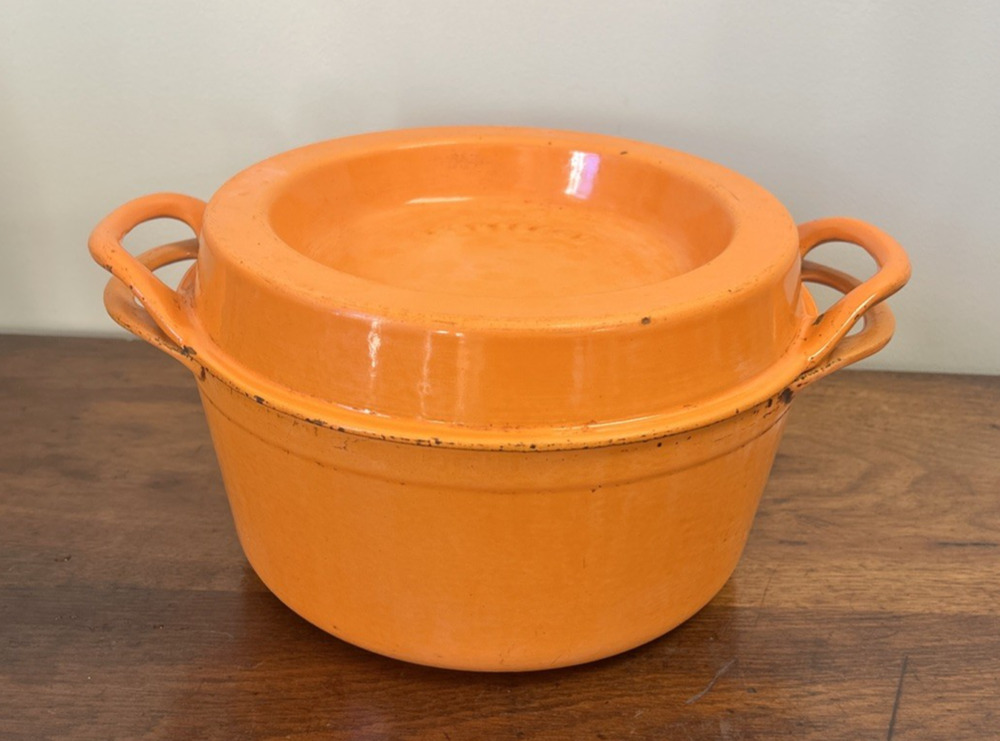 Vintage Cousances France #24 Orange Enamel Cast Iron Dutch Oven Cocotte 9.75”